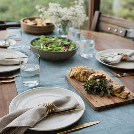 Ocean Mint Linen Table Runner dining table setting with food and tableware.