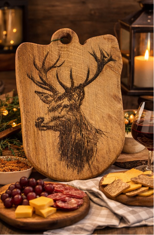 Wooden cutting board with deer design on a rustic setting