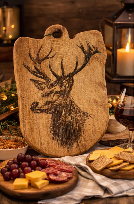 Wooden cutting board with deer design on a rustic setting