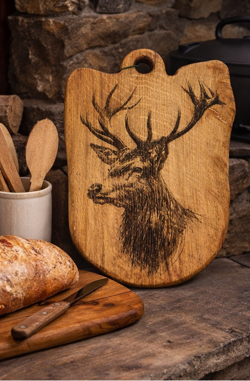 Wooden cutting board with deer engraving on a rustic kitchen counter.