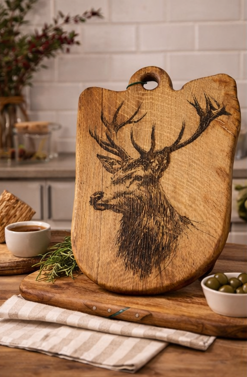 Wooden cutting board with a deer design on a kitchen counter.