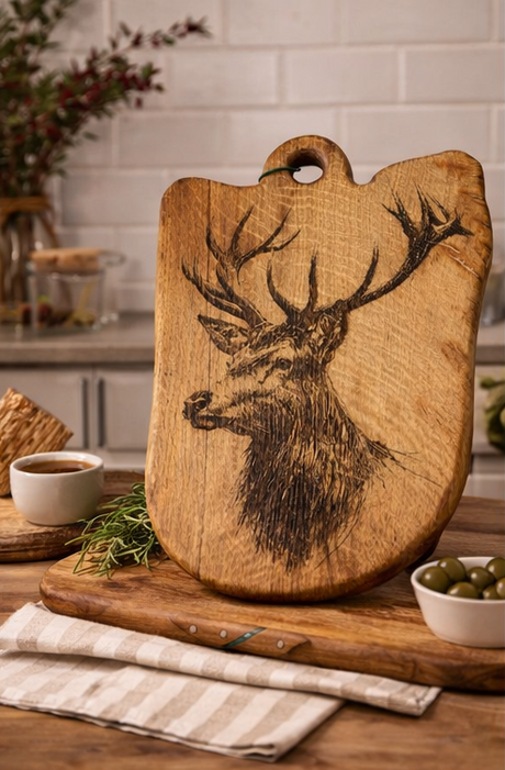 Wooden cutting board with a deer design on a kitchen counter.