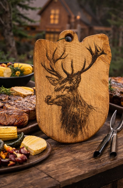 Wooden cutting board with deer engraving on a rustic outdoor setting