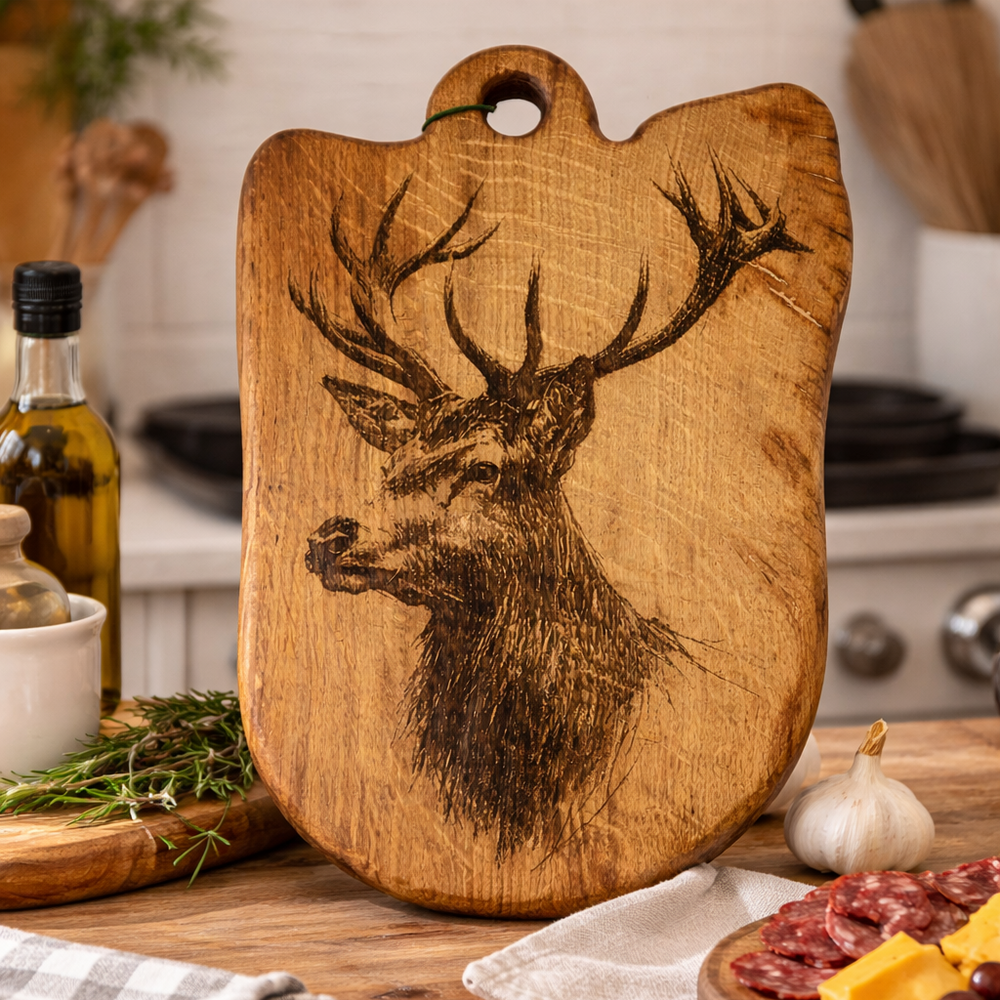 Wooden cutting board with deer engraving on a kitchen counter