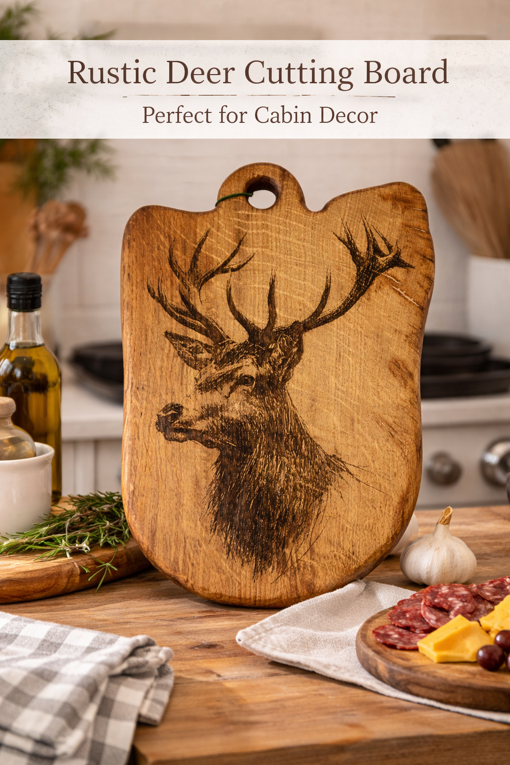Wooden cutting board with deer engraving on a kitchen counter