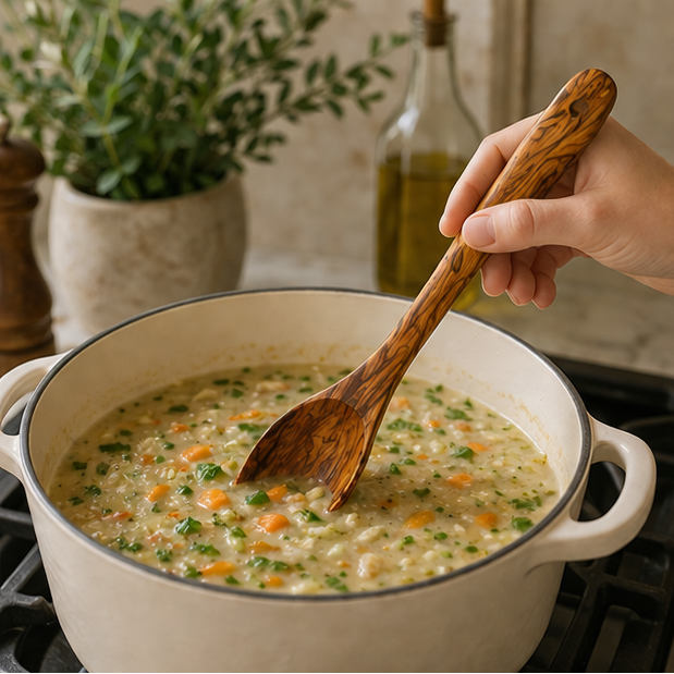 Person stirring a pot of soup with a wooden spoon in a kitchen setting.