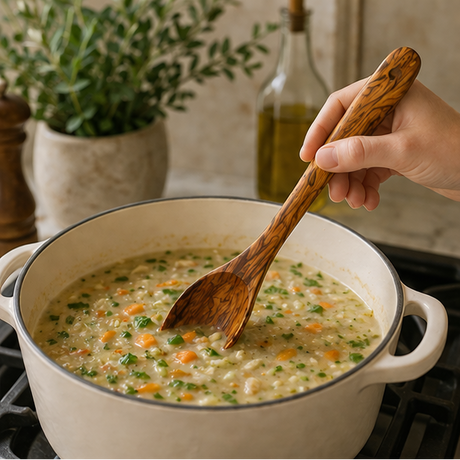 Person stirring a pot of soup with a wooden spoon in a kitchen setting.