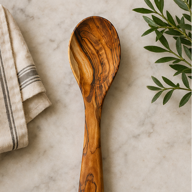 Wooden spoon on a marble surface with a towel and leaves in the background