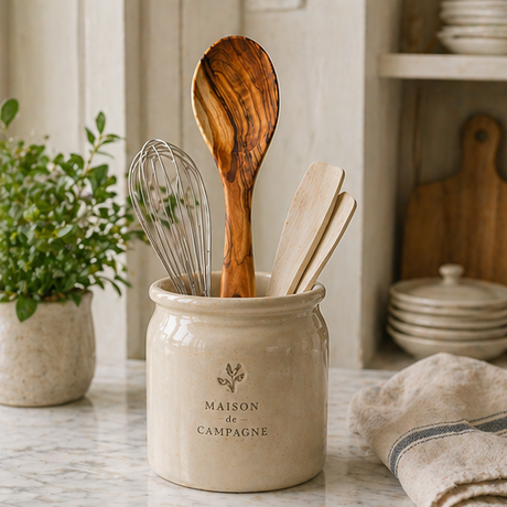 Ceramic jar with kitchen utensils on a marble countertop, featuring 'Maison de Campagne' branding.
