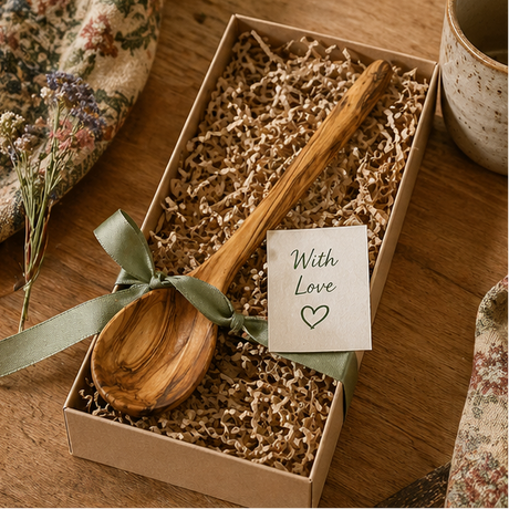Wooden spoon in a box with a 'With Love' card on a wooden surface