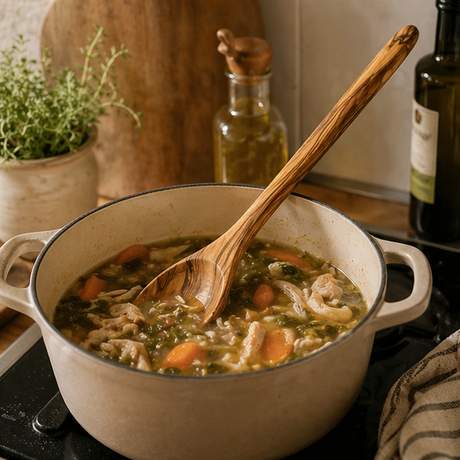 Pot of soup with a wooden spoon on a stove, surrounded by kitchen items.