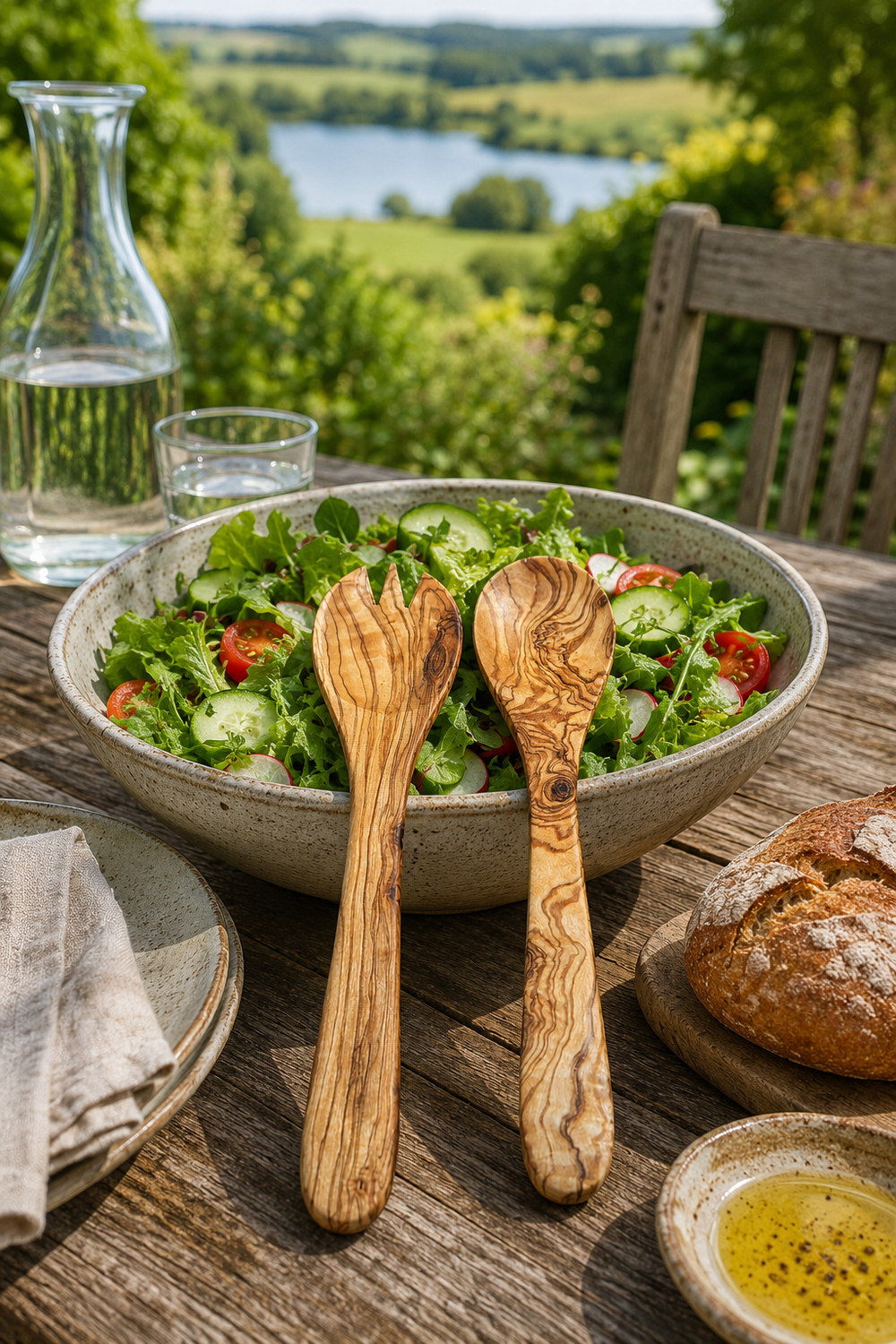 Medium olive wood salad serving set with 30cm spoon and fork