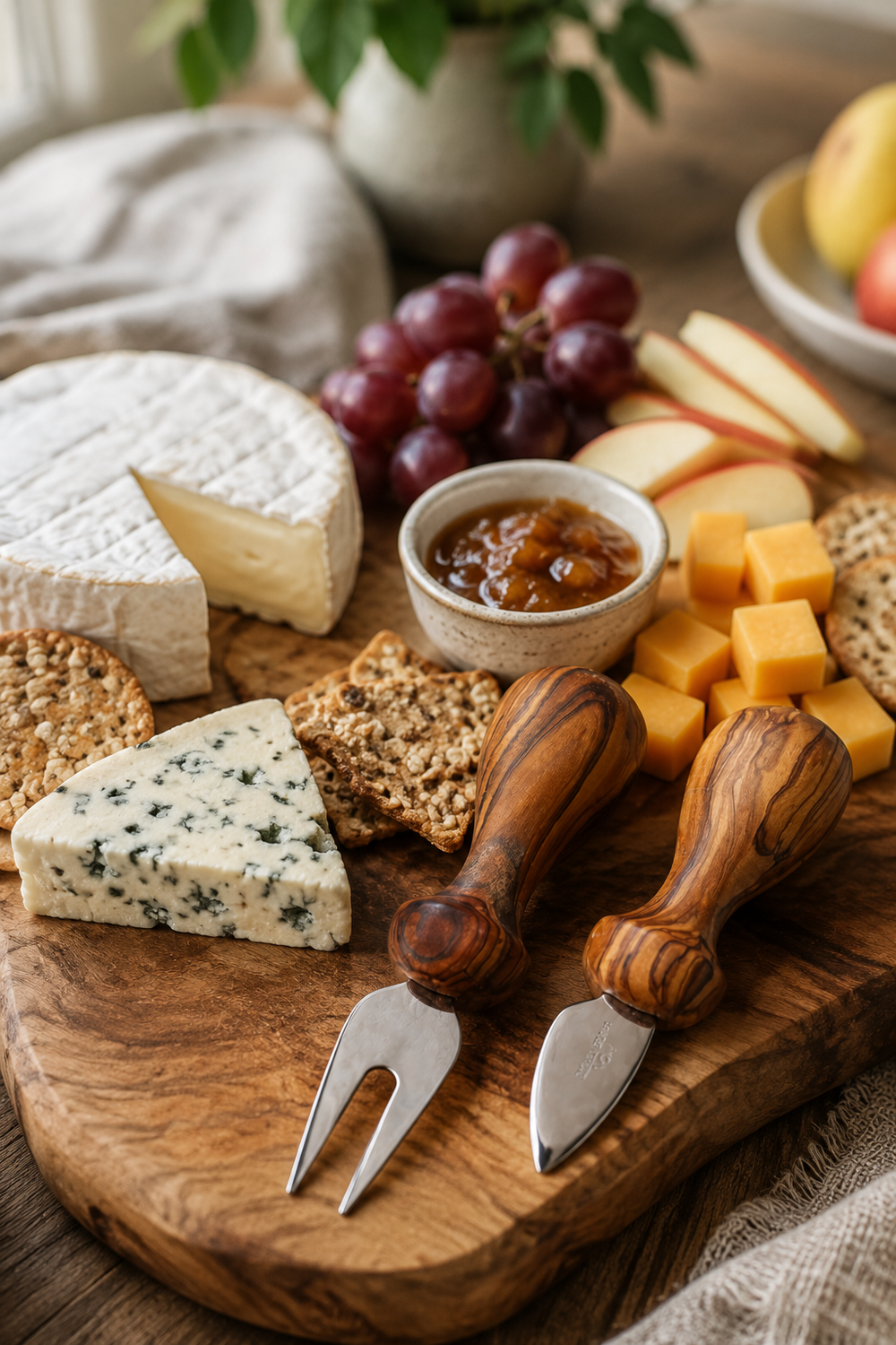 Olive wood cheese knife and fork set for cheese boards
