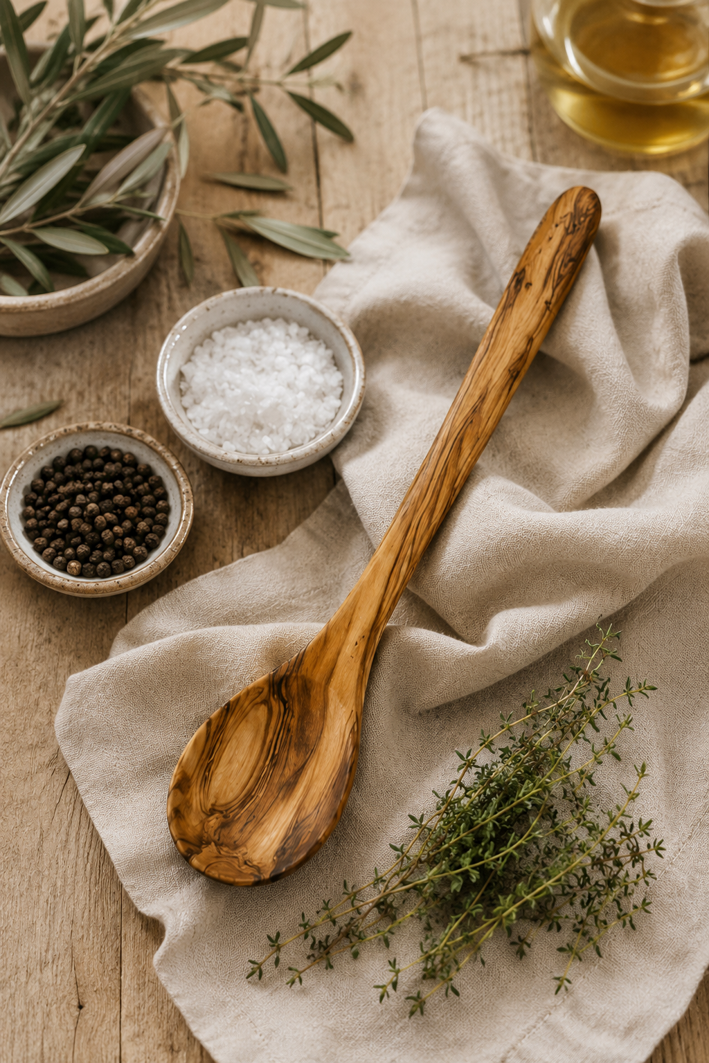 Olive wood cooking spoon with natural grain