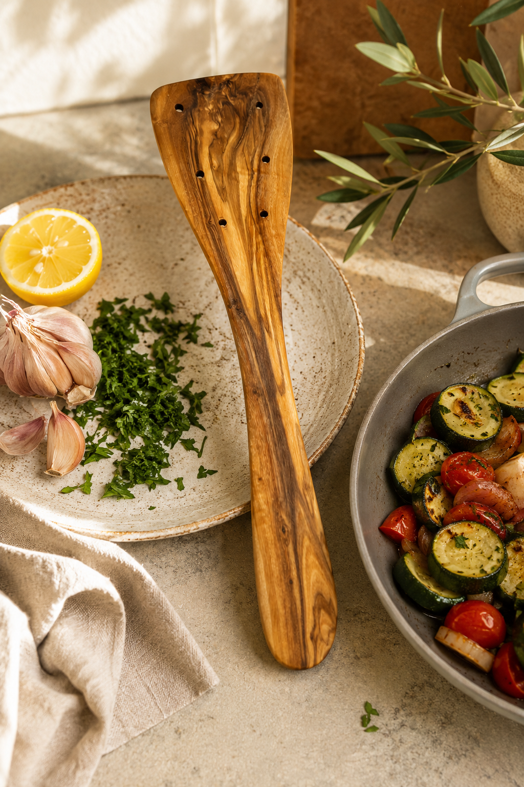 Olive wood cooking utensil suitable for non-stick pans