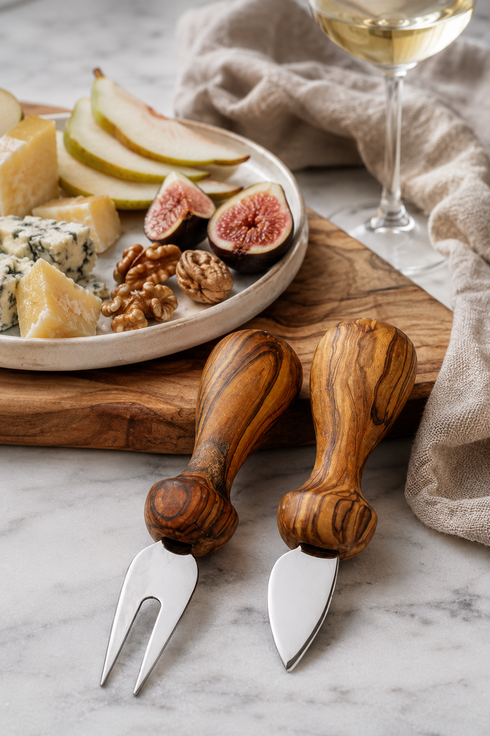 Olive wood handled cheese knife and fork