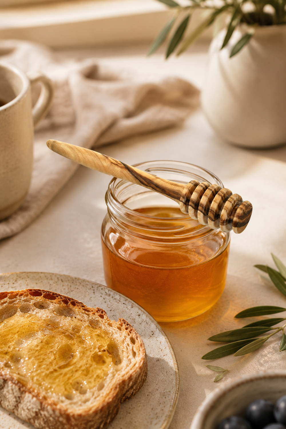 Jar of honey with an olive wood dipper on a table with toast and berries.