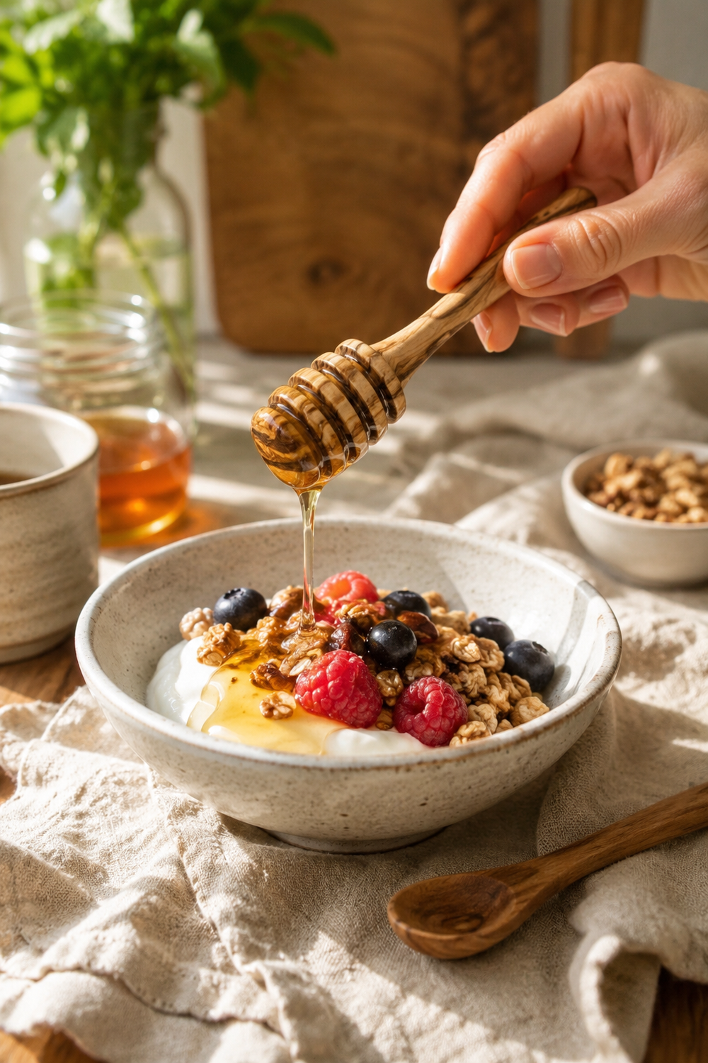 Olive wood honey dipper with grooved head for drizzling honey. Person drizzling honey over a bowl of granola with berries on a rustic table.