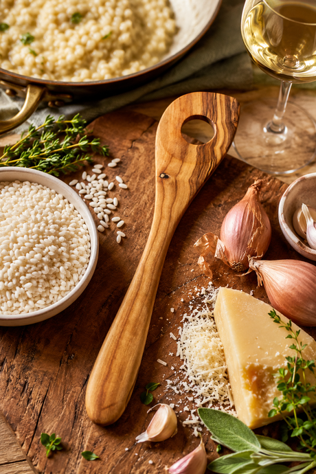 Olive wood kitchen spoon with broad head and central hole on a wooden surface with ingredients including pasta, garlic, and a glass of white wine.