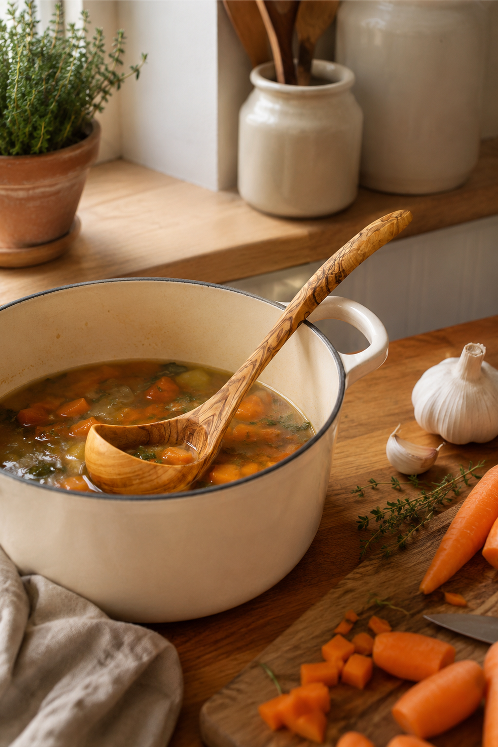 Olive wood ladle wooden soup and serving spoon with natural grain