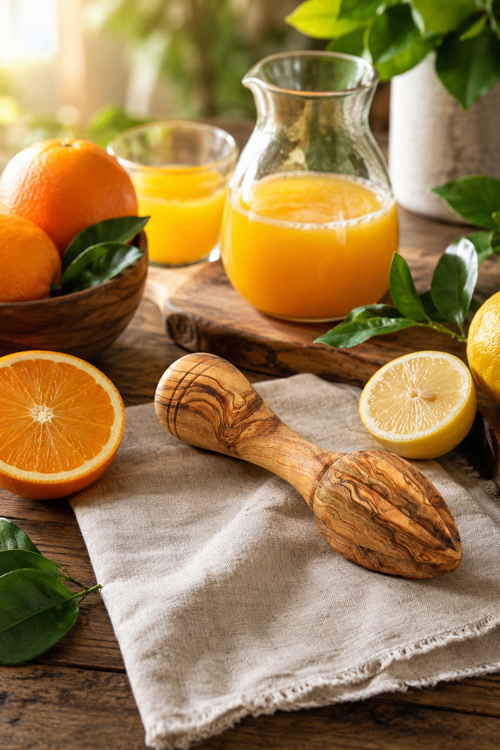 Olive wood lemon squeezer wooden citrus juicer with natural grain