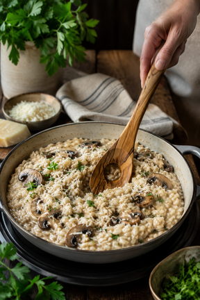 Olive wood risotto spoon with central stirring hole. Risotto with mushrooms being stirred with a wooden spoon, surrounded by ingredients.