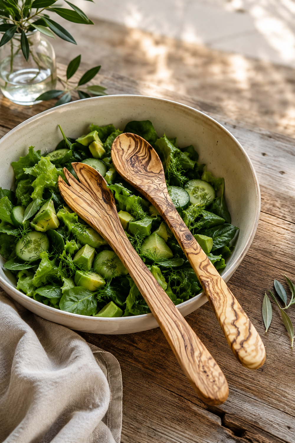Olive wood salad servers set with wooden spoon and fork