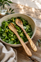 Olive wood salad servers set with wooden spoon and fork