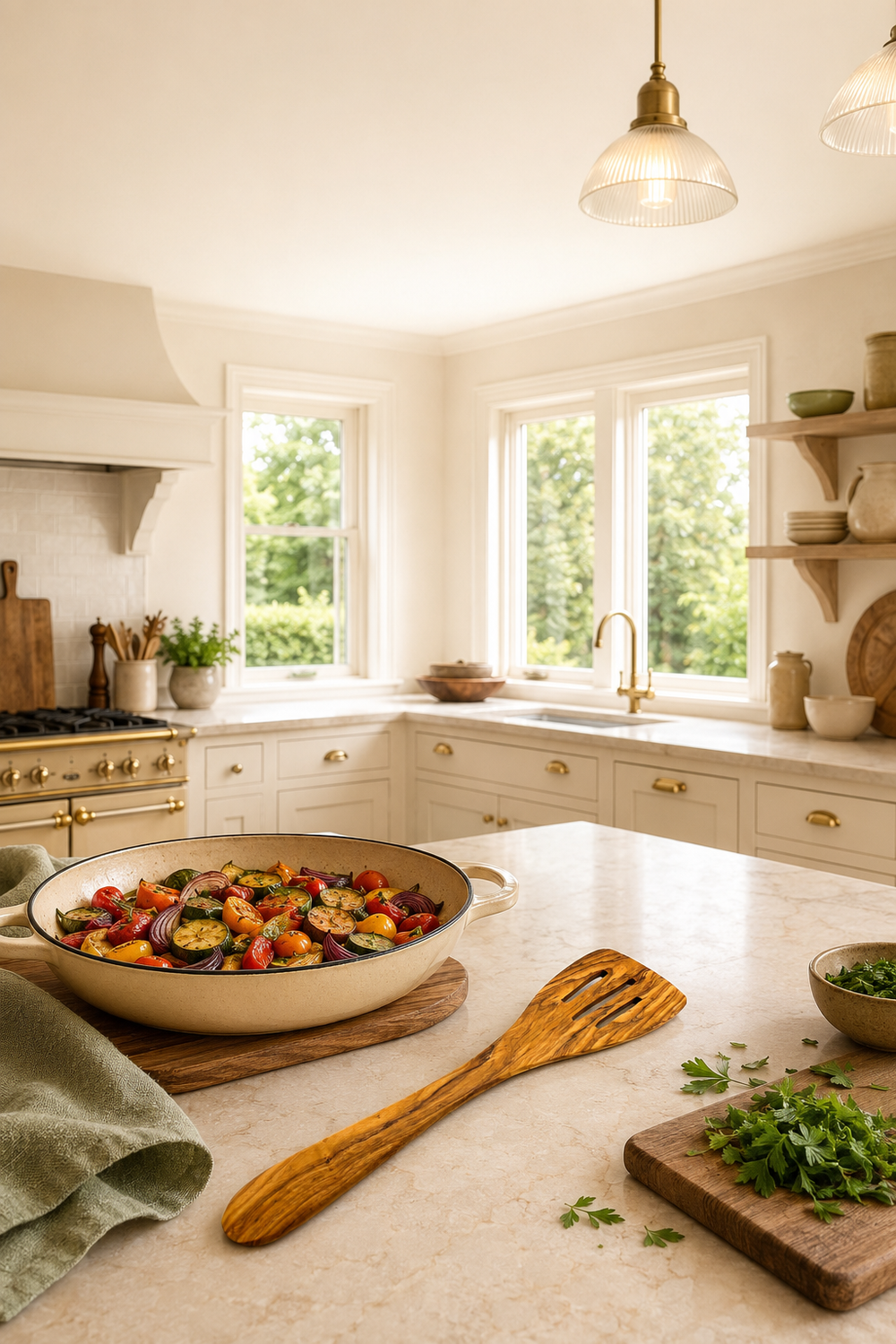 A bright, modern kitchen with cream cabinetry, gold hardware, and a marble countertop. A large beige skillet filled with colourful roasted vegetables sits on a wooden board, alongside a wooden spatula, a cutting board with chopped parsley, and a folded green cloth. Olive wood slotted cooking spatula with natural grain, approximately 30cm long