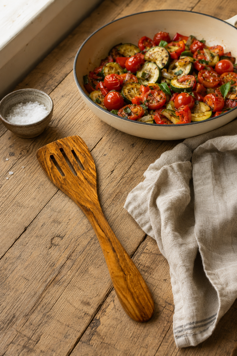 Olive wood slotted cooking spatula with natural grain, approximately 30cm long