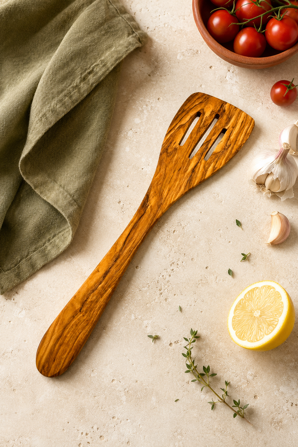 A wooden slotted spatula with an olive wood grain pattern, styled in a flat-lay composition on a light beige stone surface with tomatoes, garlic, a lemon half, herbs, and an olive green cloth napkin.