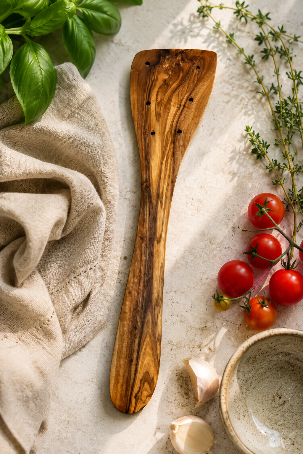 Olive wood slotted spatula wooden cooking utensil with natural grain