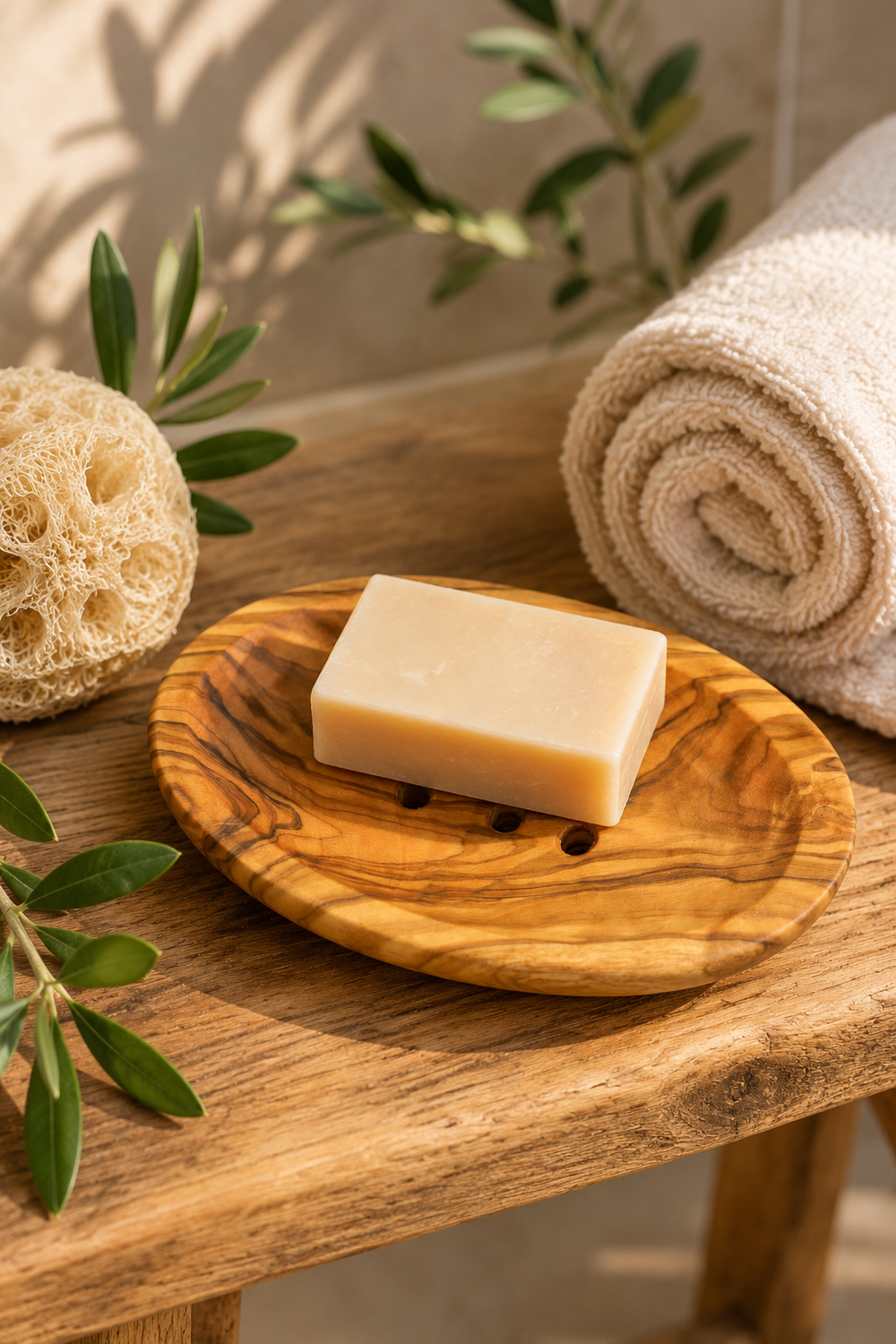 Olive wood soap dish with holes and water runoff groove