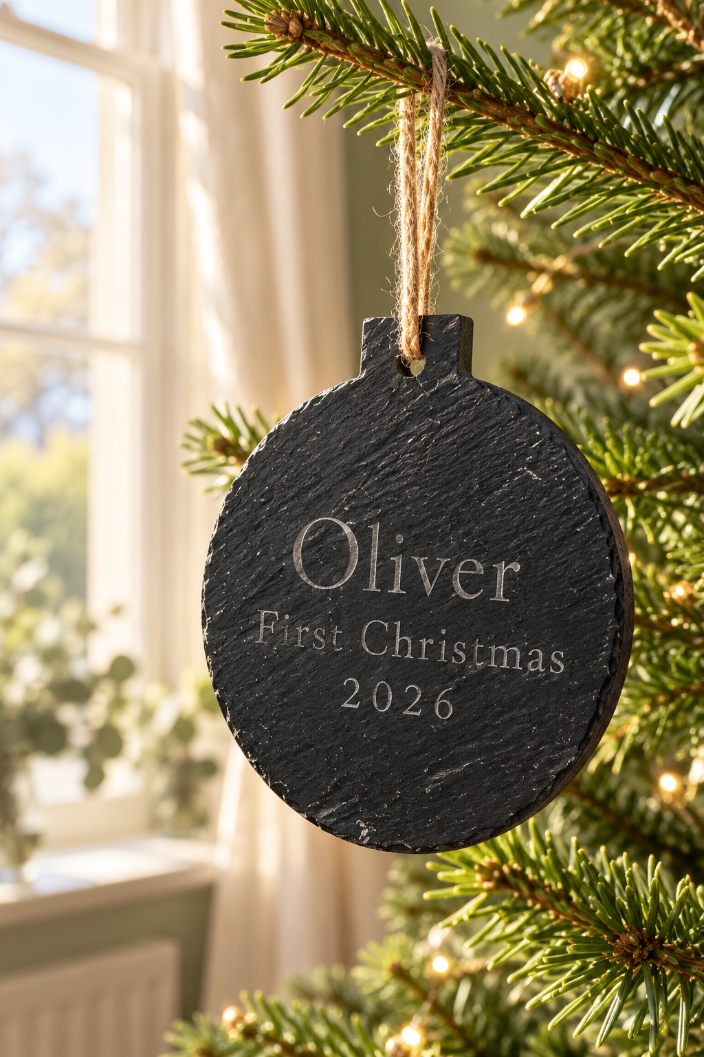 A round black slate Christmas ornament engraved with 'Oliver First Christmas 2026' hanging from a pine tree branch with warm string lights in the background.