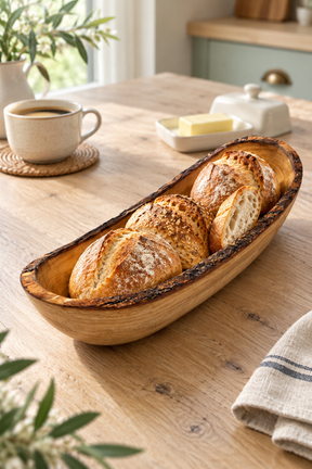 A rustic wooden boat-shaped bread bowl filled with freshly baked sourdough bread rolls, set on a wooden dining table in a warm, softly lit kitchen setting.