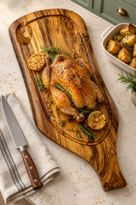 An olive wood carving board with a rustic hand-painted design, styled with a roasted chicken, lemon slices, rosemary, and a chef's knife on a light beige marble countertop.
