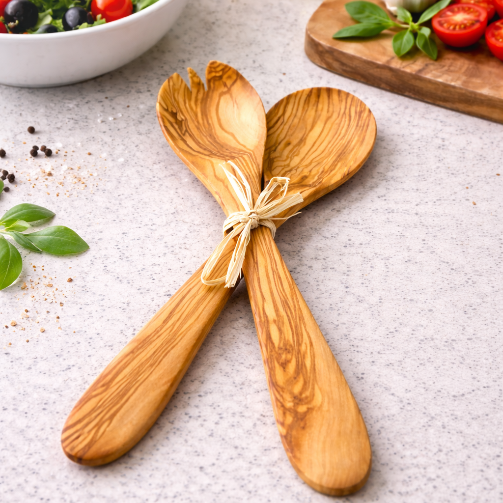 Wooden salad servers on a textured surface with a bowl of salad and ingredients in the background.