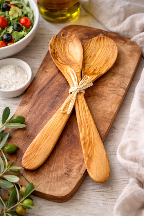 Olive Wood Salad Servers Set – Wooden Salad Spoon & Fork (36cm) with Optional Personalised Engraving
