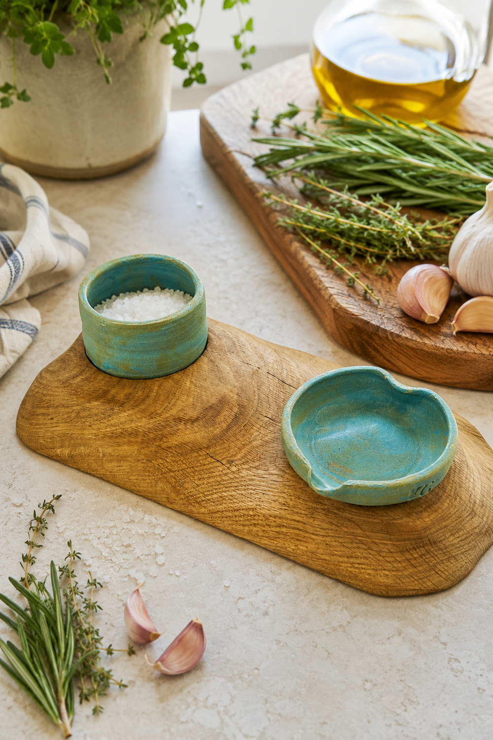 One-of-a-kind handcrafted oak salt pot and spoon rest set