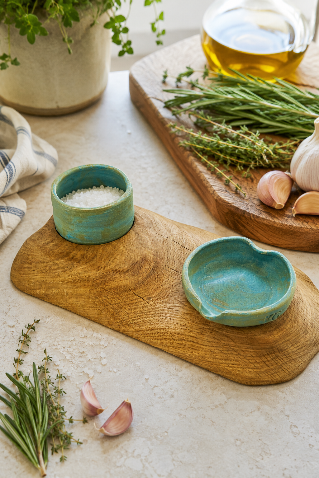 One-of-a-kind handcrafted oak salt pot and spoon rest set