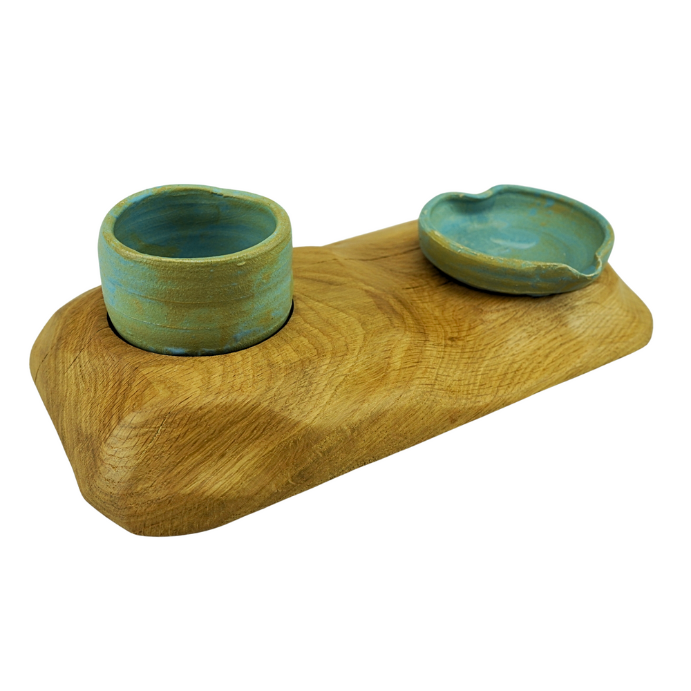 One-of-a-kind handcrafted oak salt pot and spoon rest set
