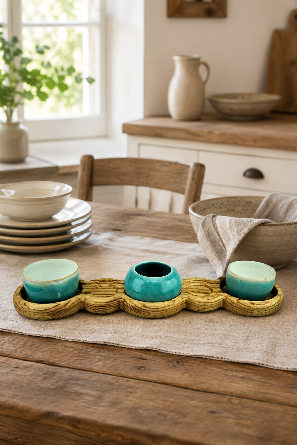 One-of-a-kind oak serving board with three ceramic bowls