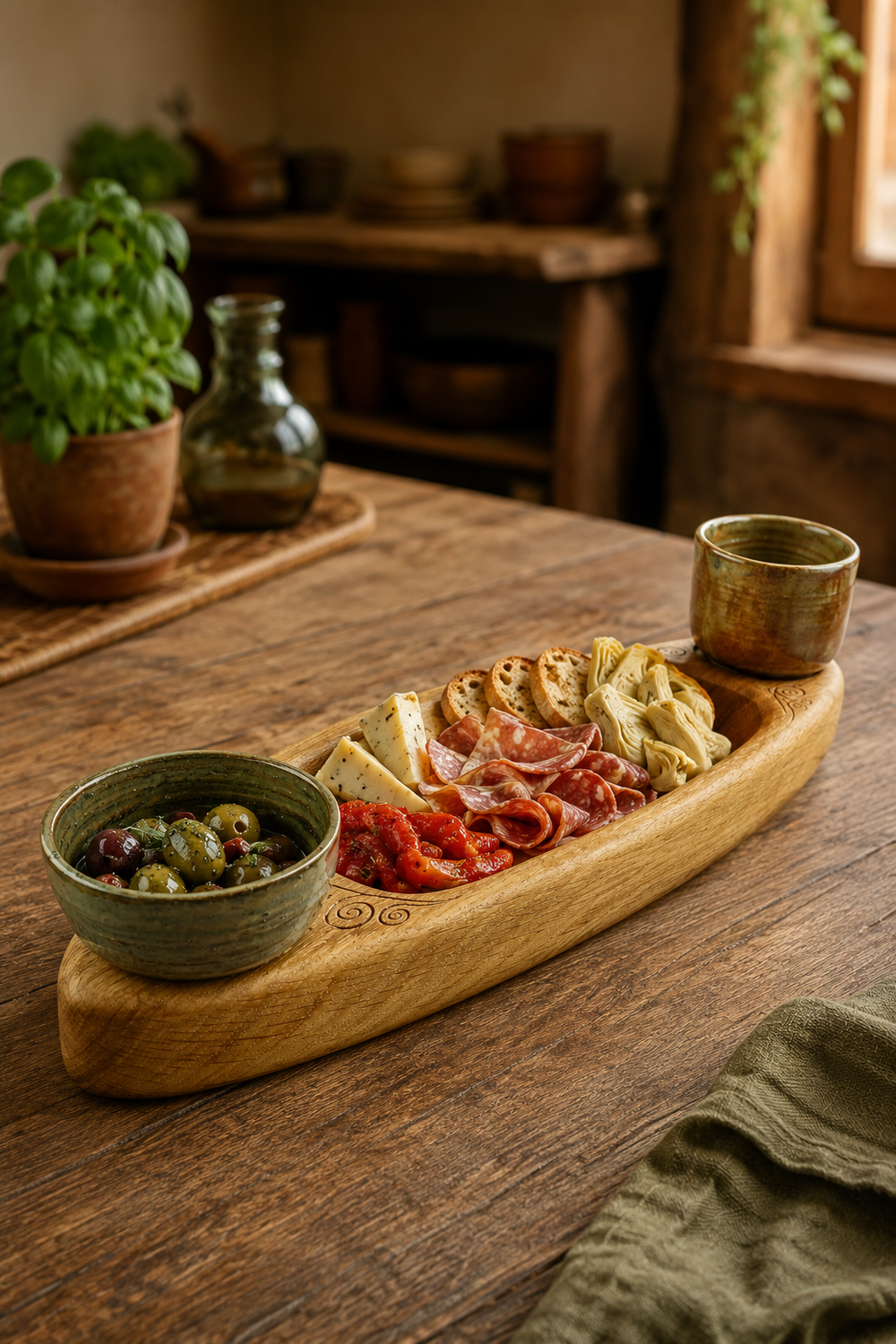 One-of-a-kind oak serving tray inspired by a traditional loom shuttle
