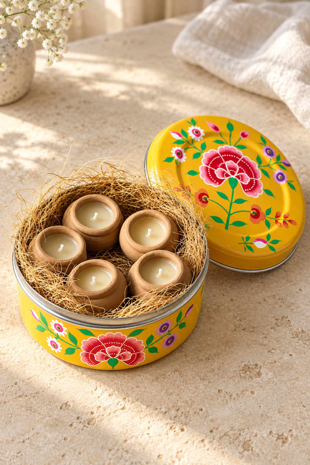 Gift set containing five hand-poured beeswax-blend candles in handmade terracotta pots and one reusable yellow stainless steel tin. The round tin is hand-painted in Kashmir with multicoloured floral decoration.