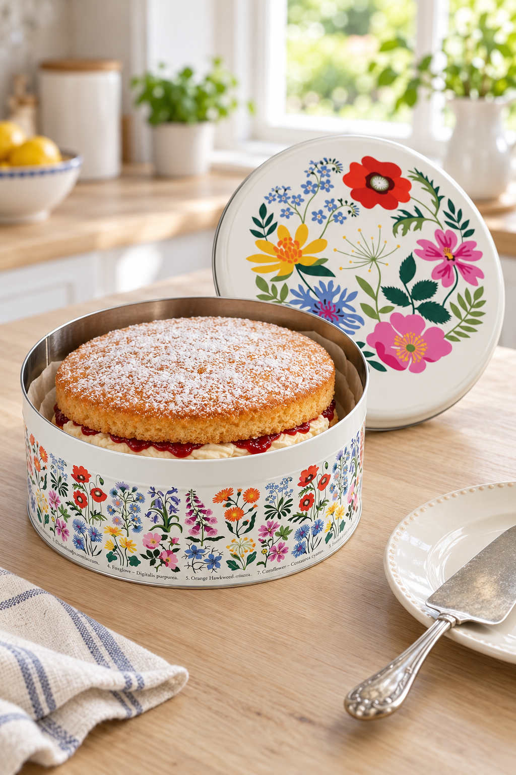 A round floral tin cake box with a powdered sponge cake and jam filling, shown on a wooden table with its lid leaning behind it in a bright kitchen setting.