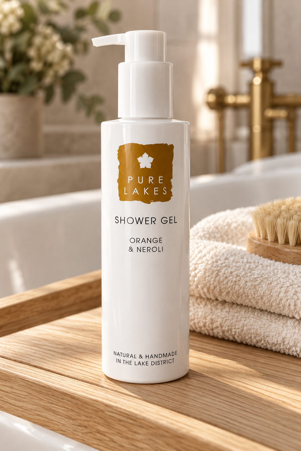 A bottle of Pure Lakes Shower Gel in Orange & Neroli, placed on a wooden tray next to folded towels and a brass faucet in a bathroom setting.