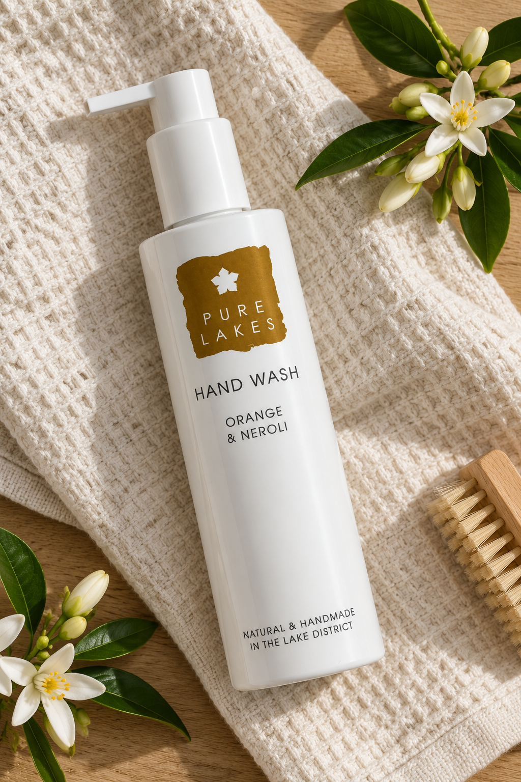A bottle of Pure Lakes Hand Wash in Orange & Neroli scent, styled on a textured cream towel with orange blossoms, green leaves, and a wooden brush on a light wood surface.