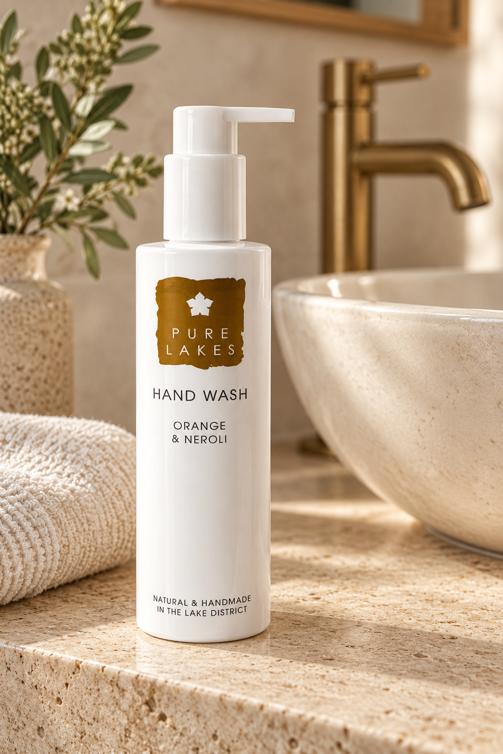 A bottle of Pure Lakes Hand Wash in Orange & Neroli scent, standing on a beige stone countertop in a bathroom setting with a sink, faucet, and towel visible.