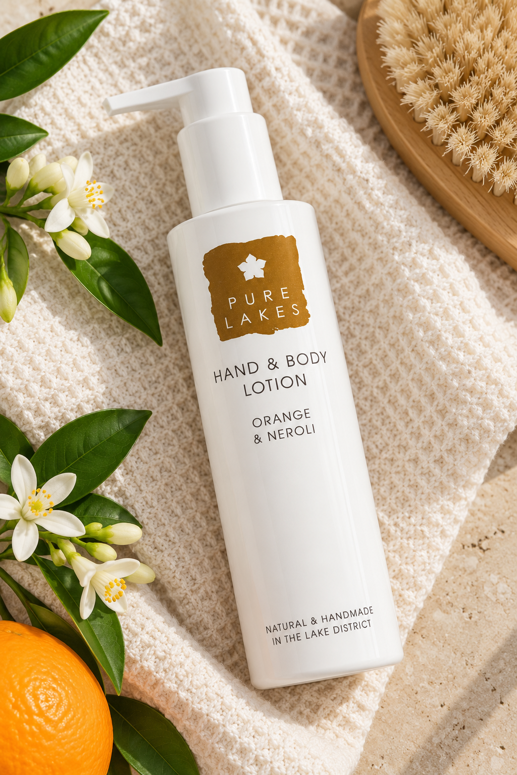 A bottle of Pure Lakes Hand & Body Lotion in Orange & Neroli scent, styled on a textured cream towel with citrus fruits, green leaves, white flowers, and a wooden loofah brush.