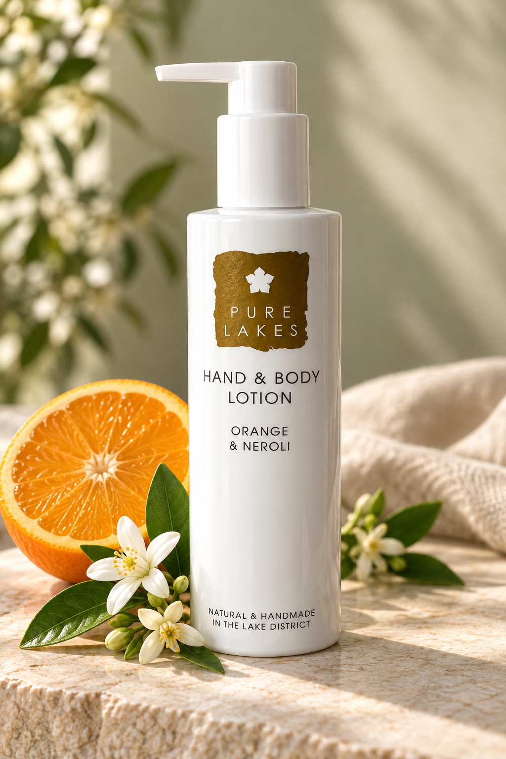 A white pump bottle of Pure Lakes Hand & Body Lotion labeled Orange & Neroli, styled on a stone surface with a sliced orange, white flowers, and a beige fabric background.